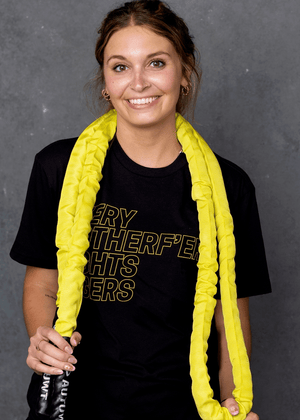 Excellent workout tee. We sell as many to women as we do to men. Good looking block font in yellow/gold ink on a dep black cotton t-shirt. 